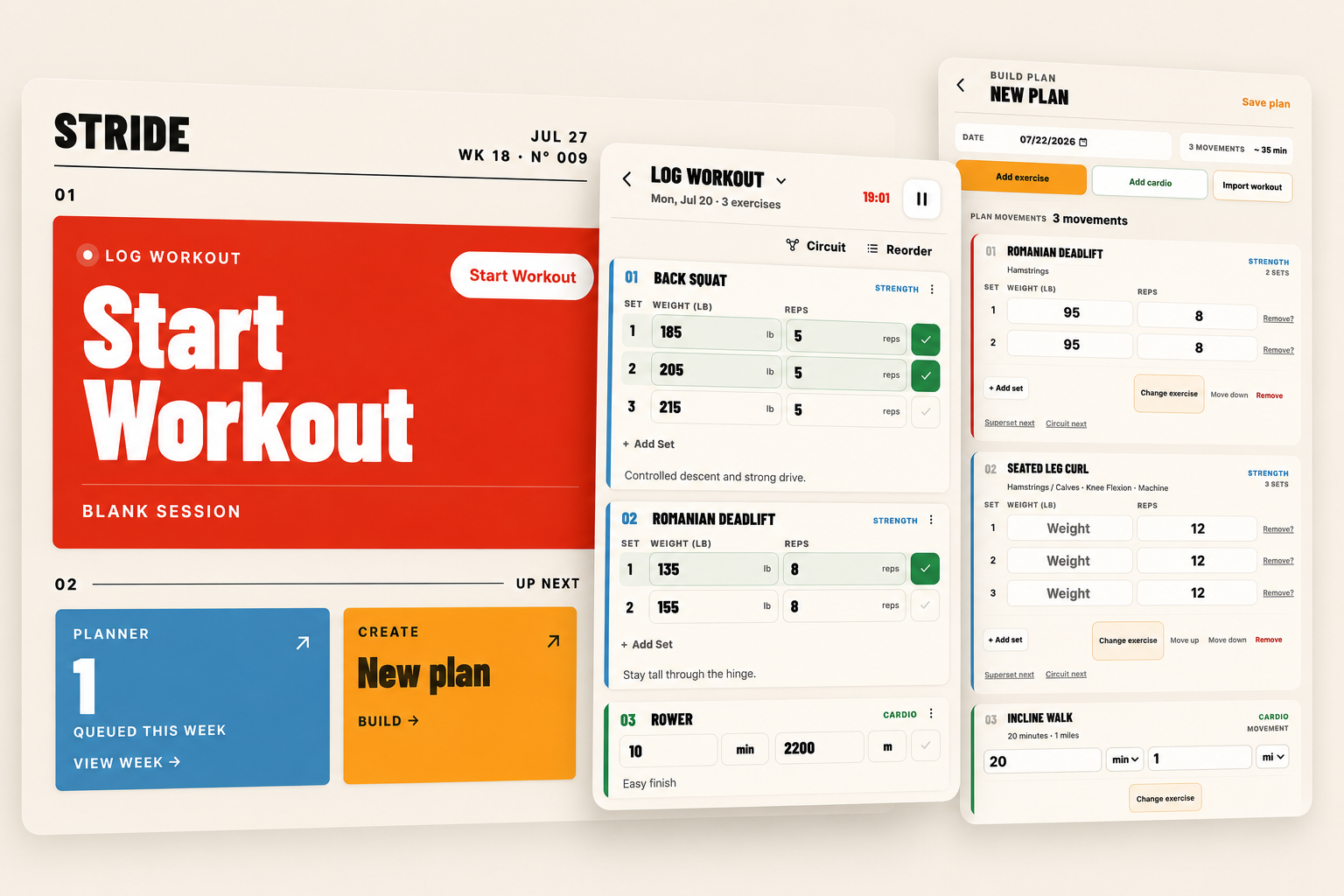 Full STRIDE workout logging app presentation with mobile interface screens